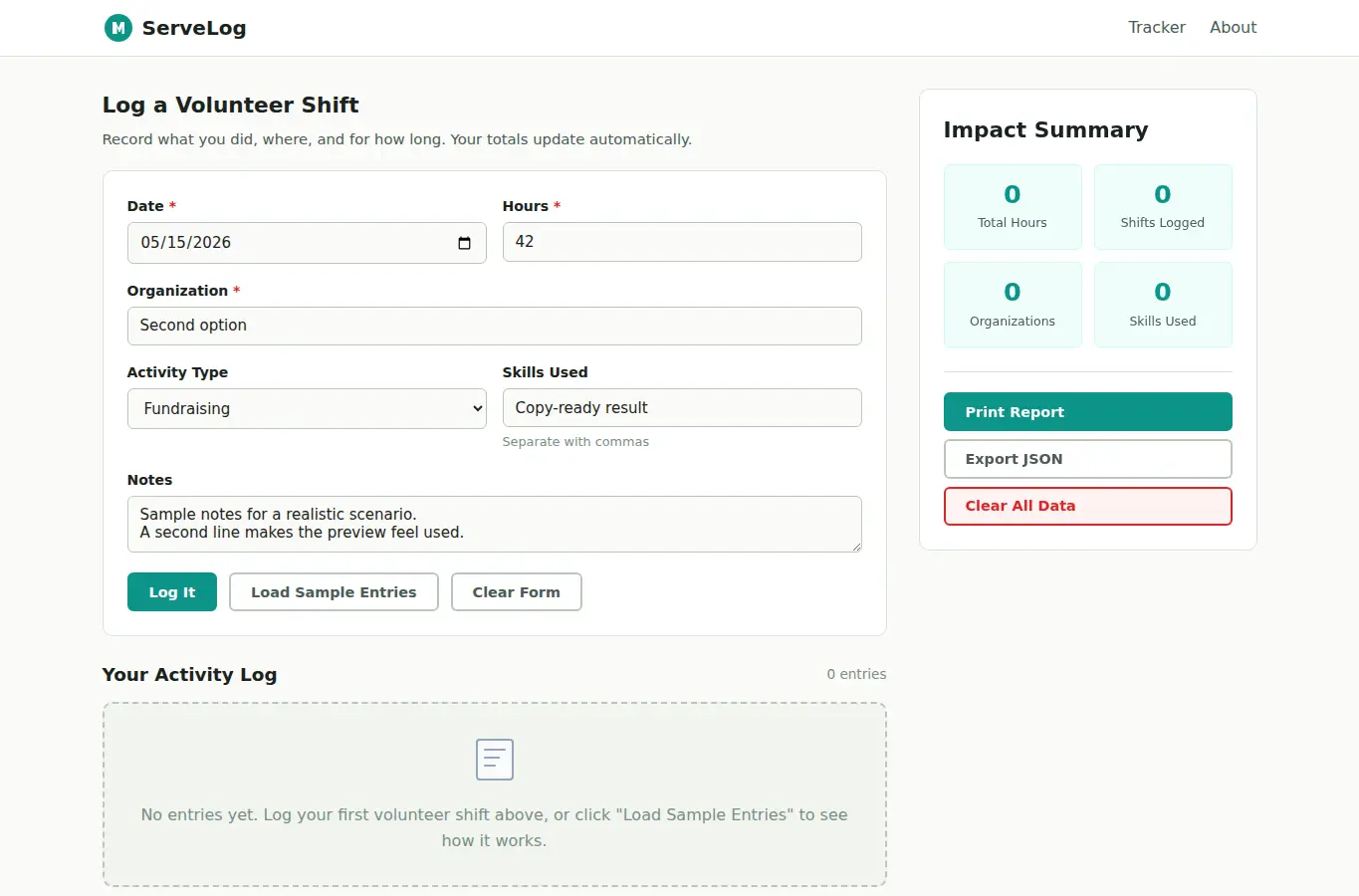 Screenshot of ServeLog: Volunteer Hour and Impact Tracker interface showing the project page in use
